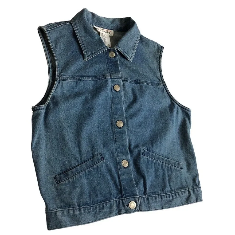 Vintage Talbots Vest Womens Small Blue Denim Button Front Cotton Spandex Pockets - Picture 2 of 15